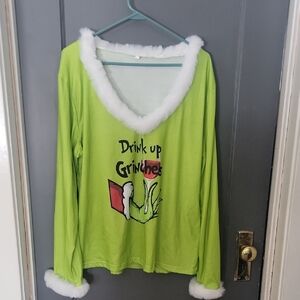 Green Grinch Long Sleeve Top with White Trim Drink Up Grinches